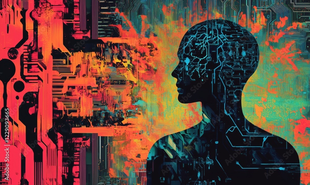 Poster futuristic silhouette of a human head with intricate circuit patterns against a vibrant abstract bac