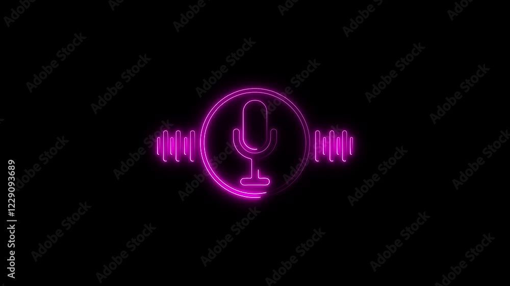 Poster neon glowing voice recording podcast mic microphone icon animation. audio wave microphone icon anima