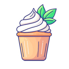 Delicious cupcake with cream topping and mint leaves, white isolated background.