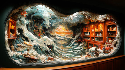 Waves crashing into a cabinet of curiosities in a surreal ocean scene