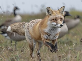Obraz premium Fox in motion in a meadow with geese in the background, AI generated, AI generated, AI generated