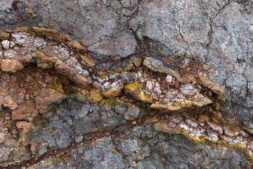 Various colorful rock layers in the rock, La Gomera, Canary Islands, Spain, Europe