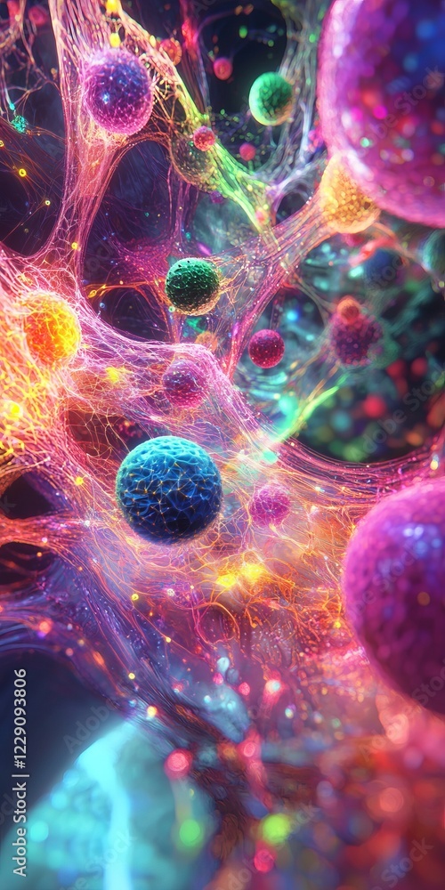 Poster a colorful abstract representation of a neural network with glowing spheres and interconnected fiber