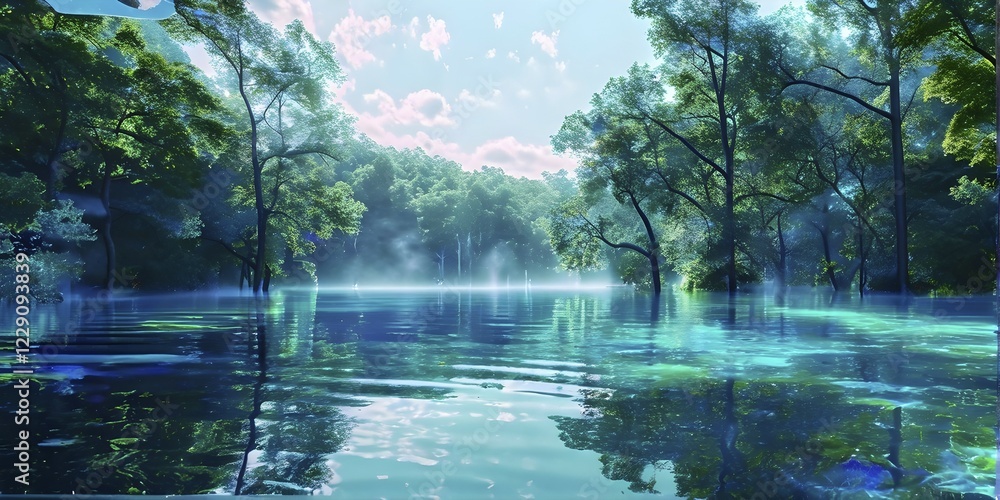 Poster ai generated illustration of a serene lake with reflections on the surface replaced with shimmering 