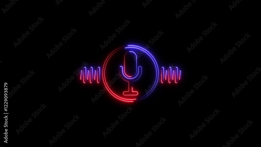 Poster neon glowing voice recording podcast mic microphone icon animation. audio wave microphone icon anima