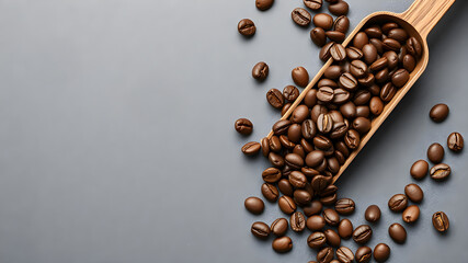 Scoop with roasted coffee beans on grey background, top view. Space for text. Generative AI