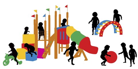 Children silhouettes at the playground, vector illustration