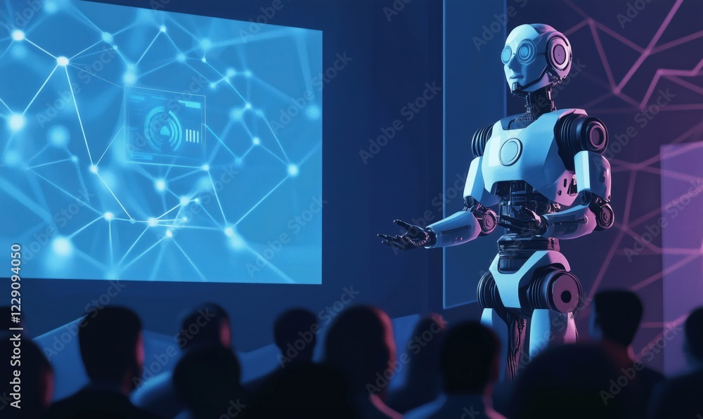 Poster robotic presenter delivering a technology presentation in a futuristic conference setting with digit