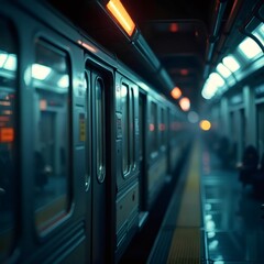 Obraz premium A modern subway train awaits passengers in a dimly lit station, hinting at journeys and urban transit