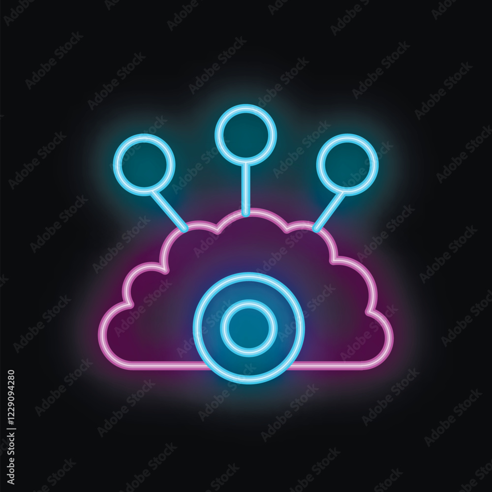 Poster Colorful neon icon representing a cloud computing system monitoring data with multiple connections