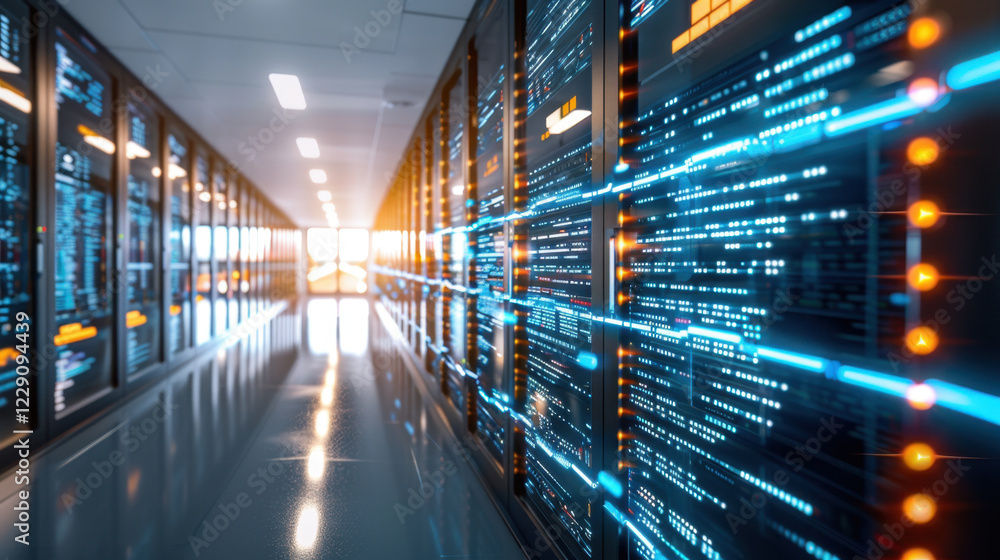 Poster futuristic data center corridor with illuminated server racks, showcasing advanced technology and vi