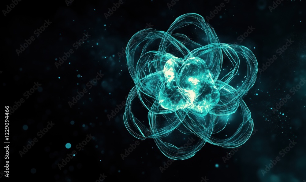 Poster abstract representation of atomic structure with glowing turquoise lines and particles, showcasing i