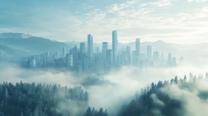 Obraz premium A transparent urban skyline surrounded by misty mountains, blending with nature 