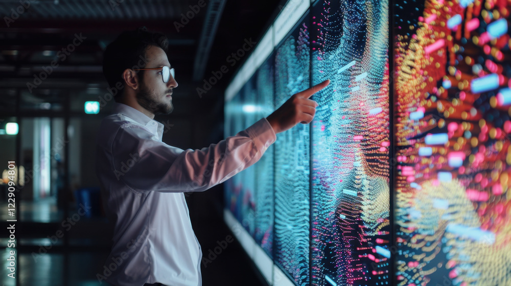 Poster man in white shirt interacts with colorful digital display, showcasing data visualization. vibrant p
