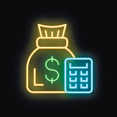 Neon sign representing calculating earnings and expenses with a money bag and a calculator
