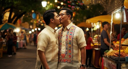 Romantic evening in lively market with asian male couple in traditional attire