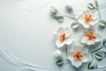An elegant display of white and orange paper flowers with leaves, set on a textured white background for a modern aesthetic.