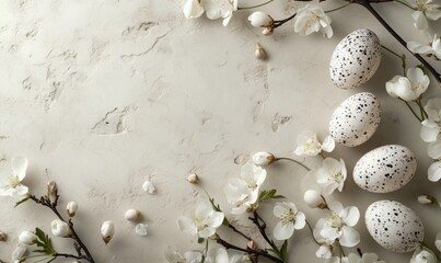 Decorative Easter eggs with speckled patterns surrounded by delicate white cherry blossom flowers on a textured light background