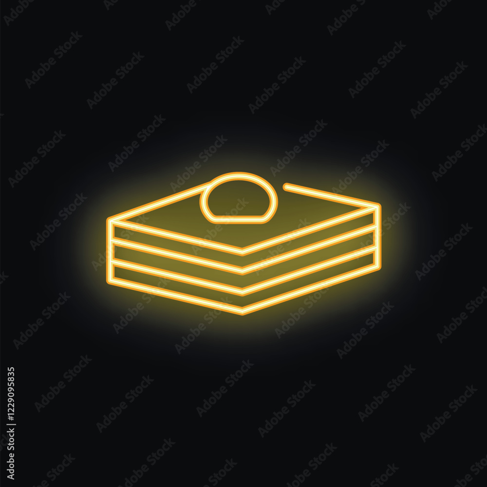 Poster yellow neon sign illuminating a three layer cake with round topping on black background
