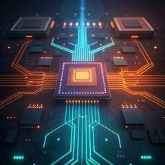 Futuristic Microchip on a Digital Circuit Board