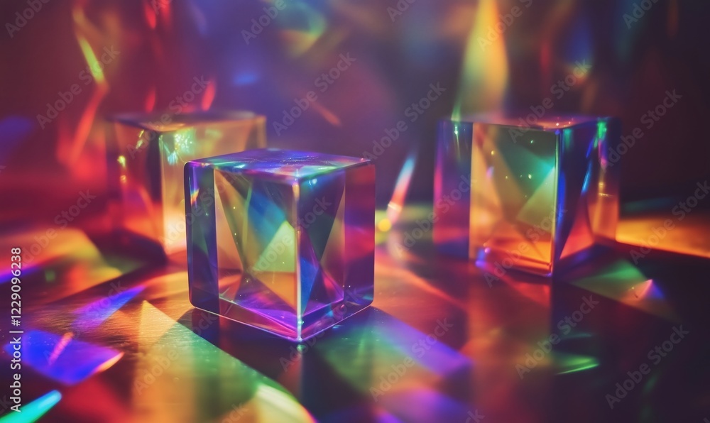 Poster colorful light reflections from crystal cubes creating vibrant patterns on surface