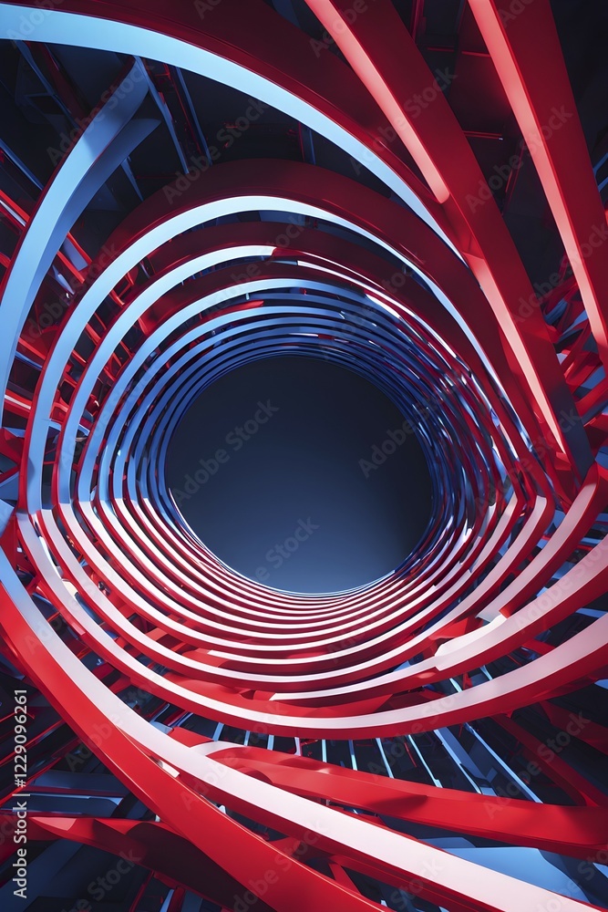Poster tunnel structure in blue and red hues representing data and communication in abstract geometric patt