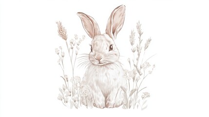 Cute bunny rabbit sitting amidst wildflowers.