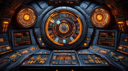 Fototapeta premium Futuristic spaceship control panel with glowing orange interface.