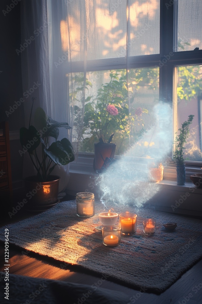 Poster a room with a window and a rug with candles on it. the candles are lit and the room is filled with a