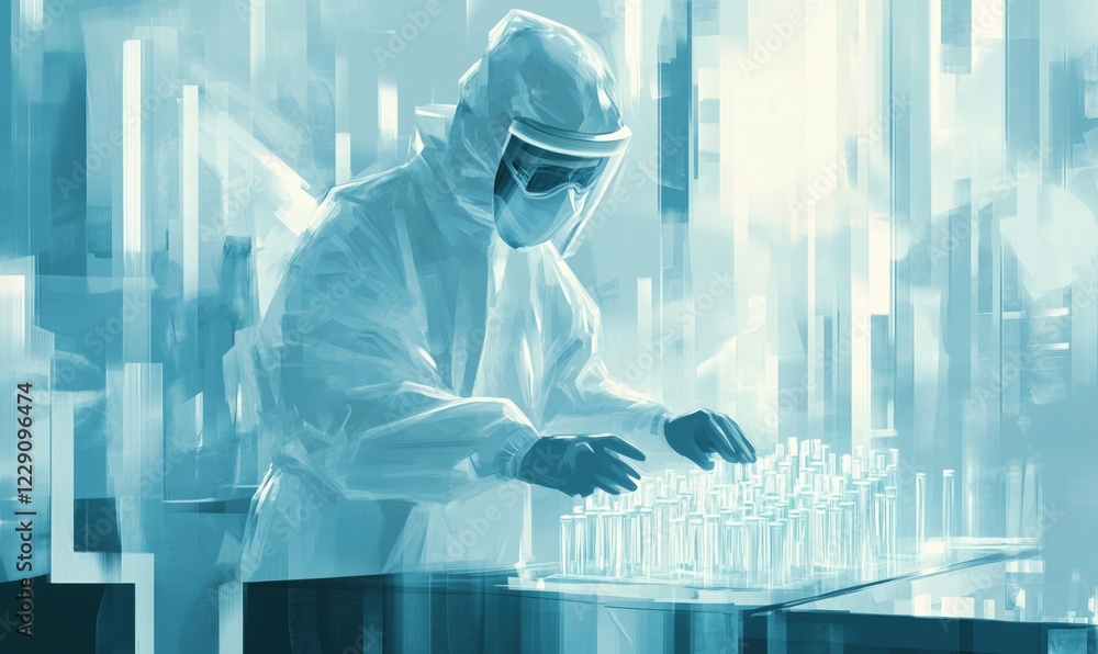 Poster laboratory scientist in protective gear conducting experiments with test tubes in high-tech environm