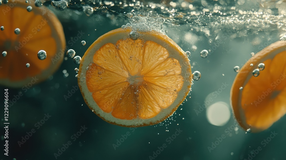 Aufkleber vibrant fresh orange slices submerged in sparkling water with bubbles creating captivating underwate