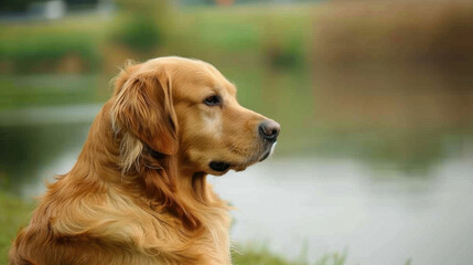 Golden retriever sitting by serene lake, showcasing its beautiful fur and calm demeanor. This loyal companion enjoys nature and tranquility