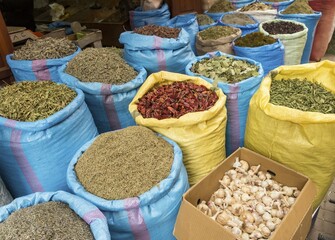 Sacks of dried spices and herbs in Marrakech spice market, Marrakech, Morocco, Africa