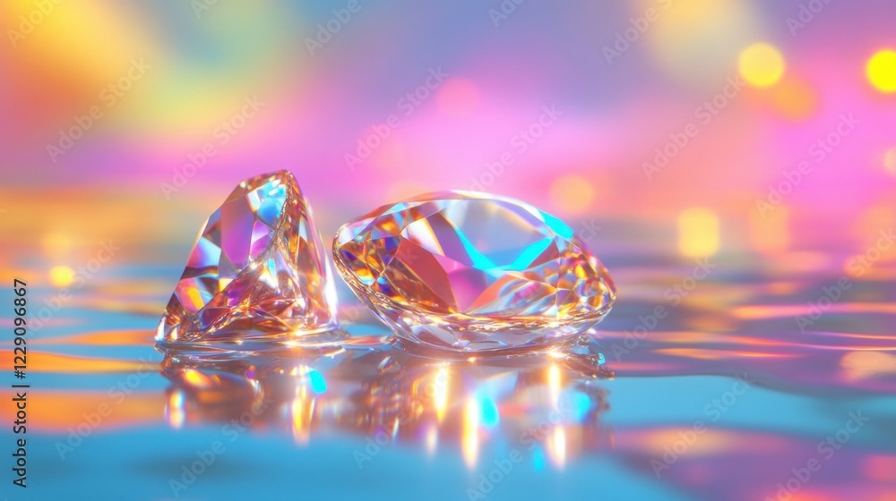Poster colorful crystal gems rest on a surface, shimmering under intricate bokeh lighting, creating an ench