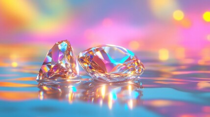 Colorful crystal gems rest on a surface, shimmering under intricate bokeh lighting, creating an enchanting visual experience