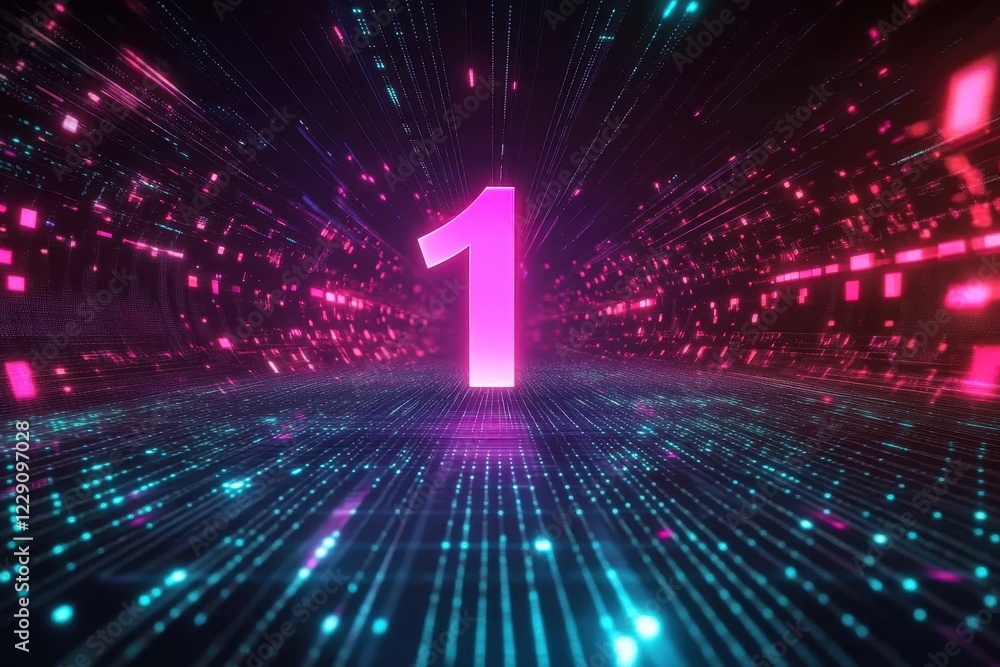 Poster animated digital background displaying the number one with vibrant colors and futuristic patterns, n