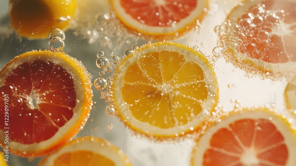 Aufkleber bright citrus fruits bubbles in refreshing drink with orange, lemon, and grapefruit slices floating 