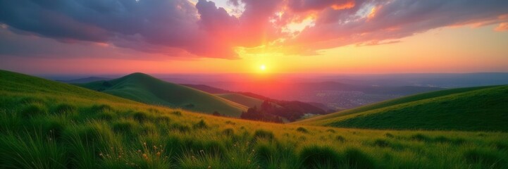 Obraz premium Sunset over rolling hills with vast sky and green grass, serenity, calmness