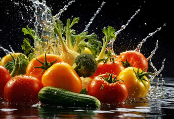 Organic food. Splashes of water. Generative AI.