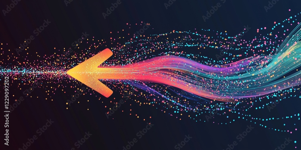 Poster colorful abstract arrow design with flowing particles and light trails, representing direction and m