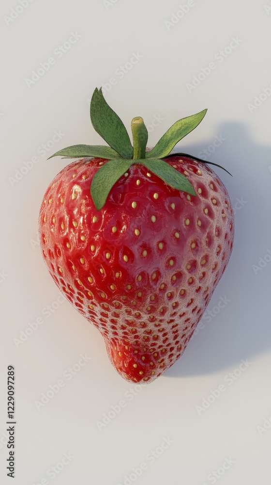 Poster a close up of a red strawberry with a green leaf on top. the image has a bright and fresh mood, with