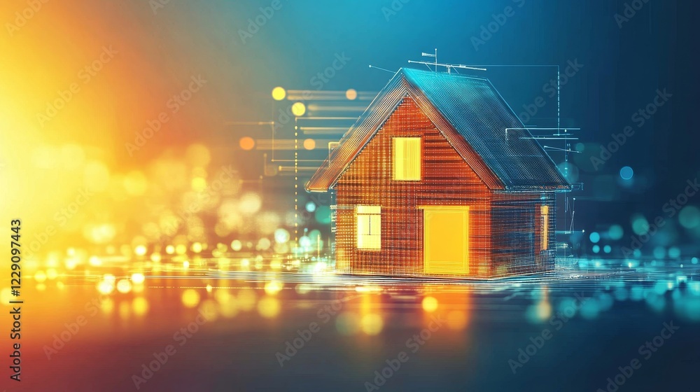 Poster this image presents a digital home concept with vibrant light effects and an abstract background, sy