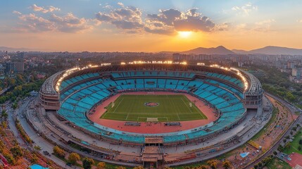 Panoramic sunset view of a large stadium.