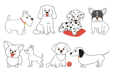 Cute dog collection. Set of doodle pets isolated on white background. Hand drawn vector illustration with black and white dogs.