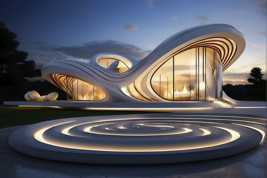 Modern art building design concept showcasing the spiral patterns found in seashells, AI generated