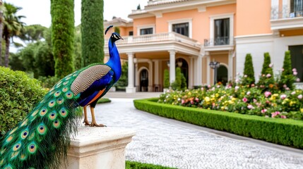 Obraz premium Majestic Peacock Standing Near Elegant Mansion Surrounded by Gardens
