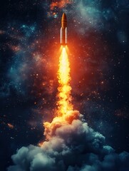 Bitcoin rocket launching into space with a fiery trail, symbolizing cryptocurrency growth, investment, and success.