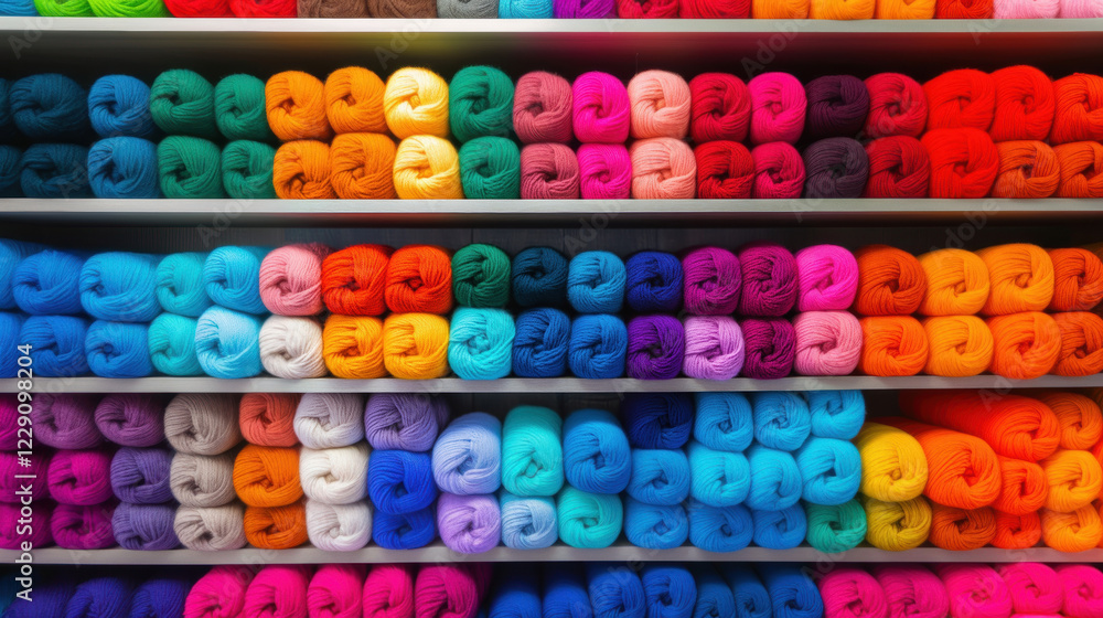 Poster rows of colorful yarn spools neatly organized on display, offering a vibrant and inviting sight for 