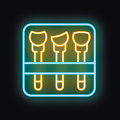 Neon glowing icon of makeup brush set for professional visage in blue and yellow