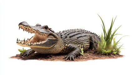Fototapeta premium Lurking Alligator in Natural Habitat with Surrounding Grass and Plants